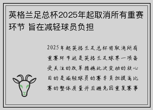 英格兰足总杯2025年起取消所有重赛环节 旨在减轻球员负担